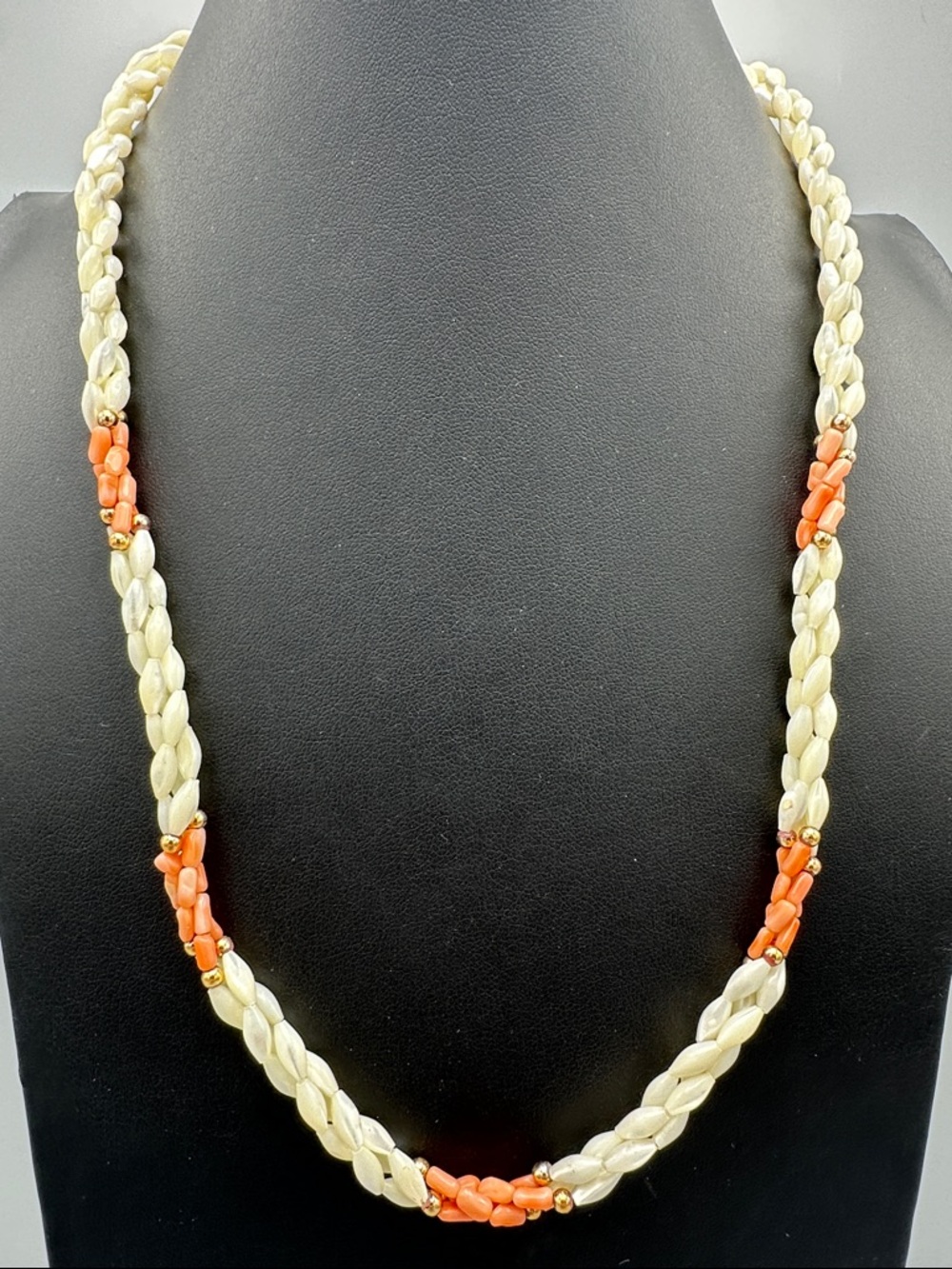 Vintage Angel Skin Coral Rice Pearl
Necklace Triple Strand Twisted
Golden Bead